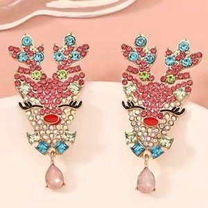 💖 Pink Rhinestone Jewelled Reindeer Dangle Earrings